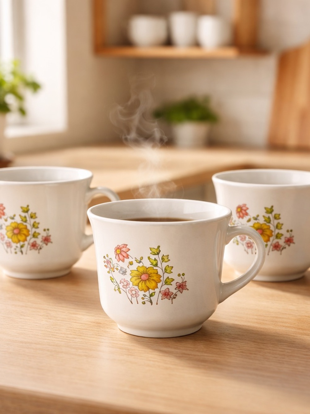 Vintage Corelle White Floral Mugs - Set of 4